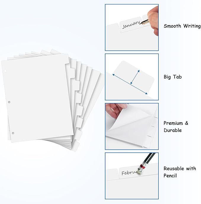 Binder Dividers for 3 Ring Binder, 1/8 Cut Tabs, Letter Size, Blank Write On Page Dividers with 8 Big Tabs for School Office Home, 4 Sets, 32 Dividers, White