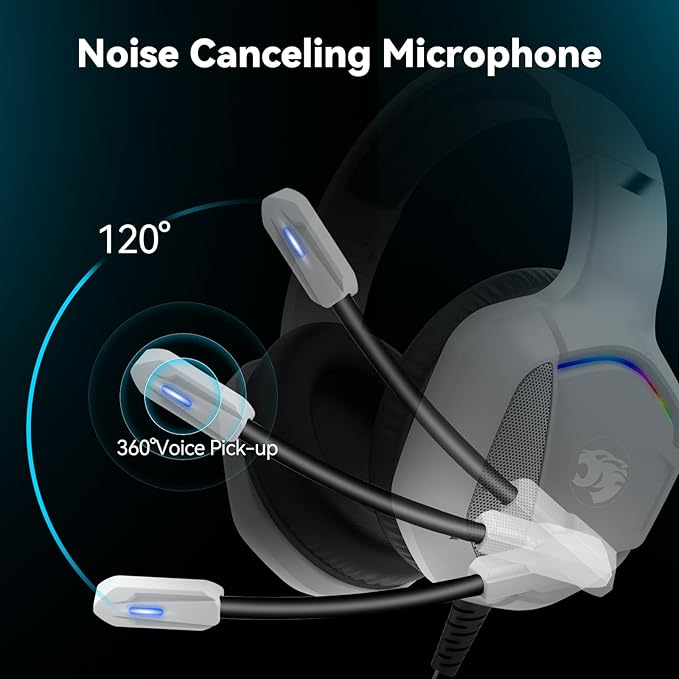 Gaming Headset with Microphone for Pc, Xbox One Series X/s, Ps4, Ps5, Switch, Stereo Wired Noise Cancelling Over-Ear Headphones with Mic, RGB, for Computer, Laptop, Mac, Nintendo, Gamer (White)