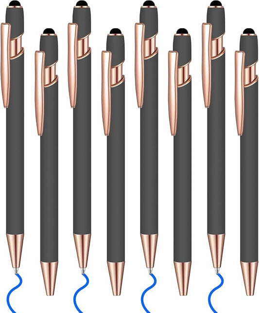 8 Pcs Blue Ink Ballpoint Pen with Stylus Tip 2 in 1 Stylus Ballpoint Pen Metal Pens Stylus Pen for Touch Screens School Office Coworkers (Gray Rose Gold)