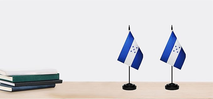 Honduras Honduran Deluxe Desk Flag Set Small Mini Miniature Honduras Honduran Table Desktop Flags With Solid Pole, Black Base and Spear Top (2 Pack)