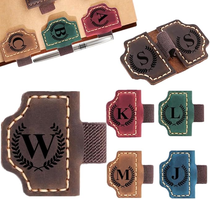 Custom Bookmark with Pen Holder with 26 Letters Personalized Magnetic Leather Book Mark, Customized Name Book Marker Clip with Initial for Men Women, Gifts for Book Lovers, Readers, (Coffee, W)