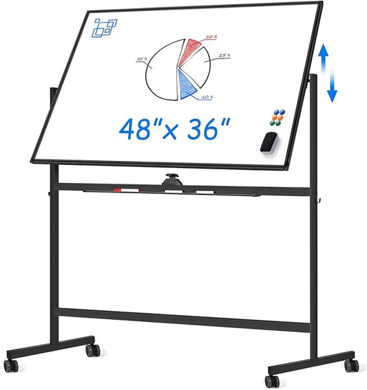 Large Rolling White Board, 48x36 in Double-Sided Mobile Whiteboard, maxtek Reversible Magnetic Dry Erase Board Easel Standing Whiteboard on Wheels School Supplies for Classroom Office and Home, Black