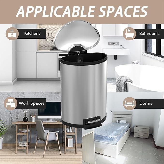 Kitchen Trash Can with Lid, 55 Liter/14.5 Gallon Semi Round Large Step Garbage Can, Soft Close Satin Stainless Steel Trash Bin for Bathroom Office