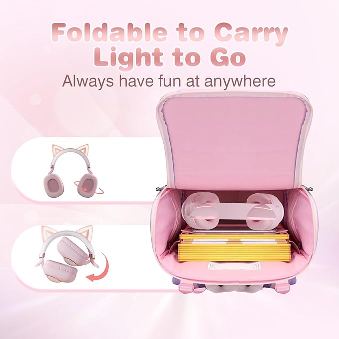 Pink Cat Ear Headphones for Kids, Cute Children Girl Wireless Bluetooth Headphones for School, Kindergarten Light up Kawaii Kitty Noise Cancelling Headphones for Kids Teens Child Airplane