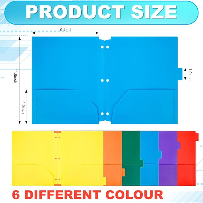 Honoson 30 Pcs Plastic Folders with Clear Front Pocket 3 Hole Punched Folders for 3 Ring Binder 1/6 Cut Tabs for Office Classroom (Bright Colors)