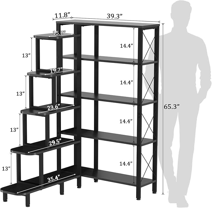Corner Bookshelf Bookcase, Large Reversible 5 Tier Ladder Shelves Storage Display Rack with Metal Frame, Industrial Home Office Furniture for Living Room Bedroom, Black