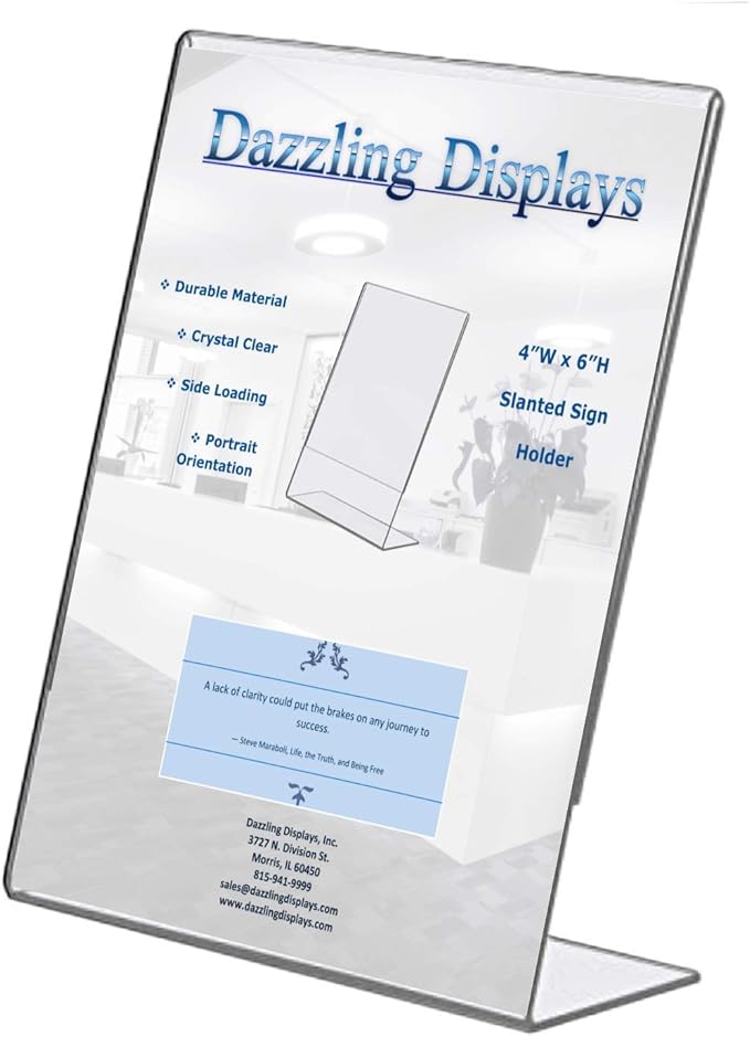 Dazzling Displays Clear Acrylic Sign Holder 4 x 6 - Clear Slanted Sign Holder - Premium Acrylic Sign Holder for Office, Retail, Tradeshow and Home Use (10-Pack)