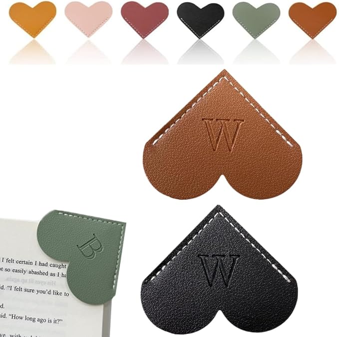 Personalized Leather Heart Bookmark, 26 Letters Customized Corner Book Mark for Reading Women, Book Marker with Initials，Cute Gifts (Black+Dark Brown, W)