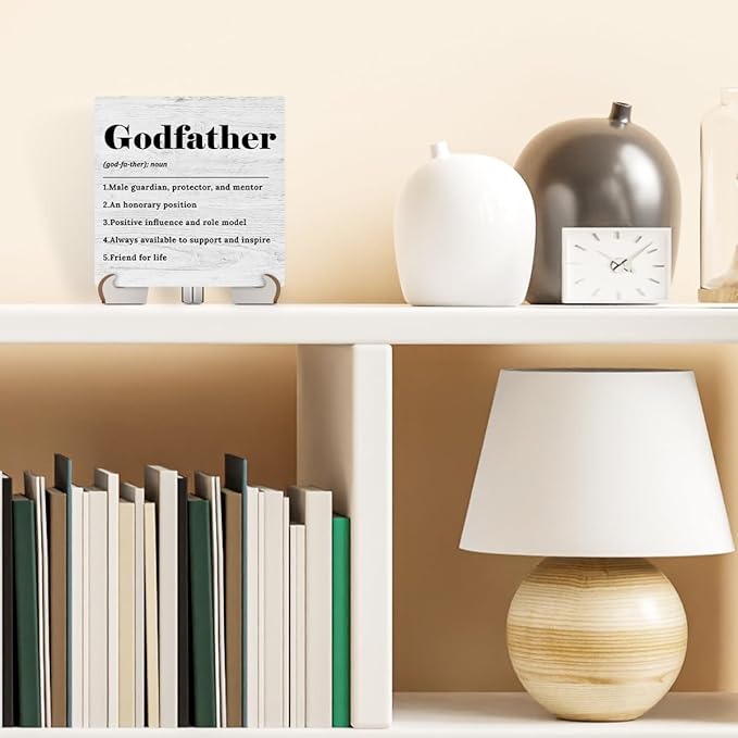 Godfather Definition Wood Sign Christian Desk Decor Rustic Office Cubicle Decor Positive Plaque with Wooden Stand Farmhouse Religious Office Desk Accessories for Home Table Shelf Godfather Gift