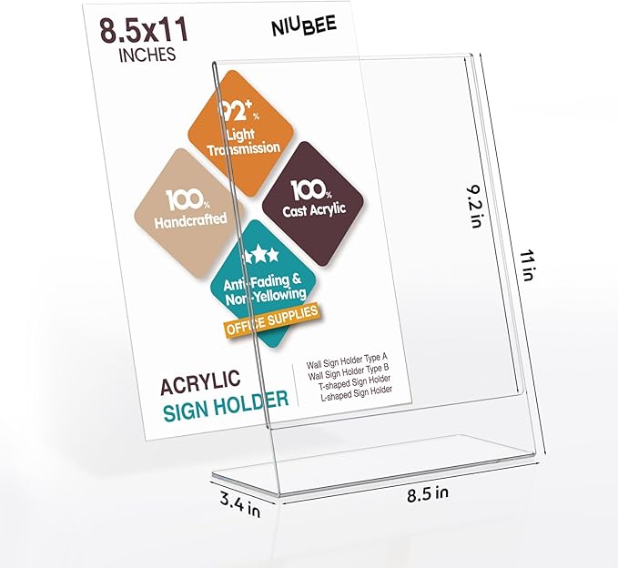 NIUBEE Acrylic Sign Holder 8.5 x 11 Inches Slanted Back, Clear Plastic Sign Holder Paper Display Table Stand for Office, Store, Restaurant (20 Pack)
