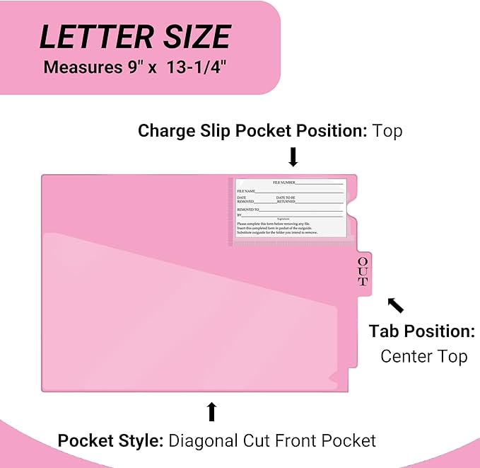 Doctor Stuff - Center Tab Vinyl Outguides, Diagonal Cut Front Pocket, Top Charge Out Slip Pocket, Plastic File Folder, Letter Size 9" x 13-1/4", Pink, 50/Box