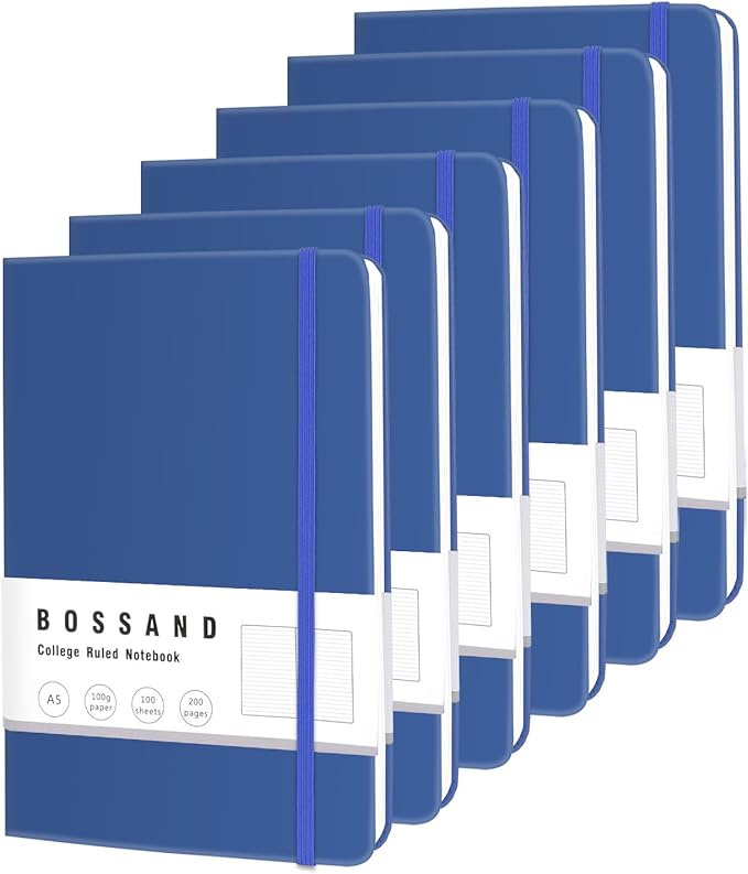 BOSSAND College Ruled Notebooks, 6 Pack A5 Lined Journal Notebooks, 200 Pages 100 GSM Thick Paper, Hardcover, 8.25 inches x 5.75 inches, Navy Blue