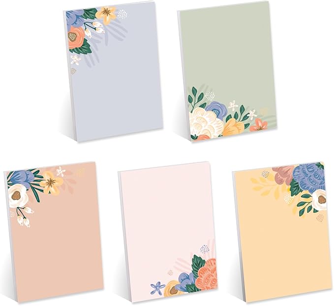 Simple Floral Sticky Note Pad Assortment/Set of 5 Pastel Note Pads / 4" x 6" Botanical Sticky Note Pads / 50 Sheets Per Pad/Made in USA