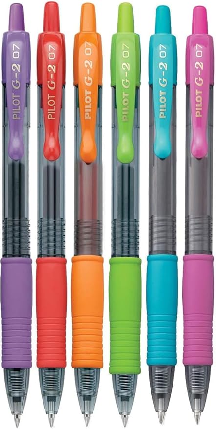 G2 Retractable Premium Gel Ink Roller Ball Pens Fine Point (.7mm) Assorted Colors Red/Pink/Purple/Lime/Turquise/Orange Ink 6-pk; Bundle with Plastic Reusable Pouch