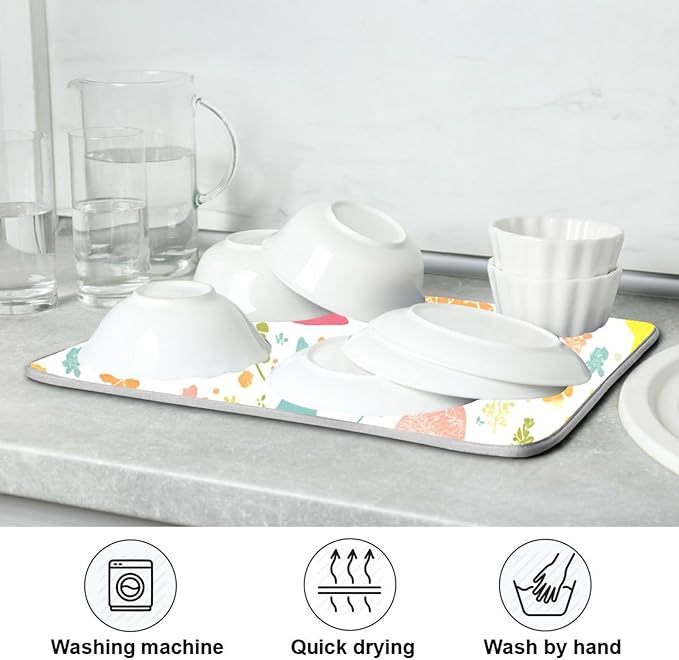 Flowers Eggs Bunny Easter Dish Drying Mat 16 X 18 Inches Spring Rose Leaves Peeps Rabbits Dry Dishes Pads Mats for Kitchen Tableware Protector Countertops Counter Home Decorations