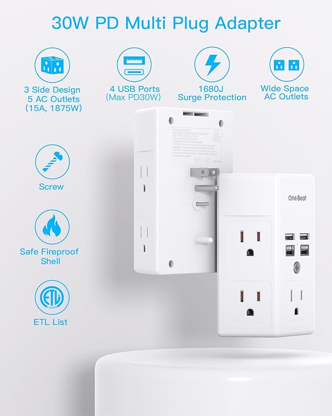 Surge Protector, 5 Outlets Extender with 4 USB Ports(USB C PD30W), 3-Side 1680J Power Strip Multi Plug Outlet Expander, USB Wall Charger, Outlet Splitter Adapter Wall Mount for Home Office(White)