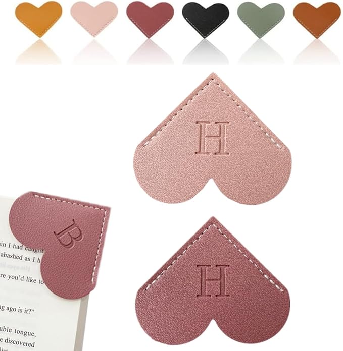 Personalized Leather Heart Bookmark, 26 Letters Customized Corner Book Mark for Reading Women, Book Marker with Initials，Cute Gifts (Light Pink+Deep Pink, H)