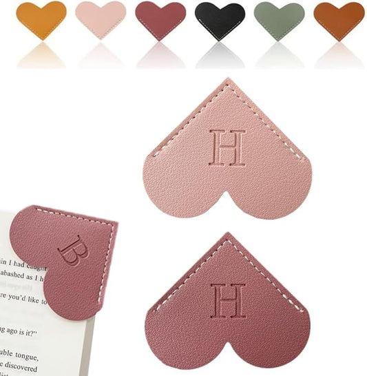 Personalized Leather Heart Bookmark, 26 Letters Customized Corner Book Mark for Reading Women, Book Marker with Initials，Cute Gifts (Light Pink+Deep Pink, H)