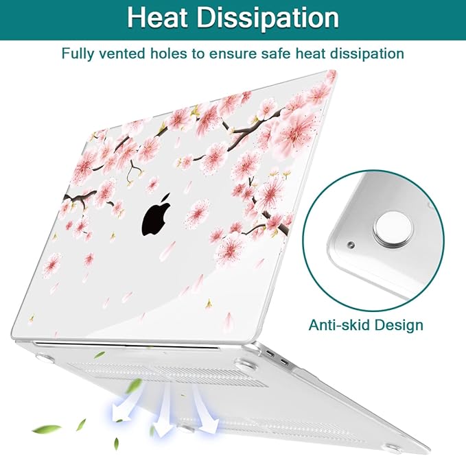 Teryeefi MacBook Pro 13 Case 2022 2021 2020-2016 Model M2 M1 A2338 A2289 A2251 A2159 A1989 A1706 with Touch Bar Touch ID, Plastic Hard Cover Shell + Keyboard Skin Screen Protector, Cherry Blossoms