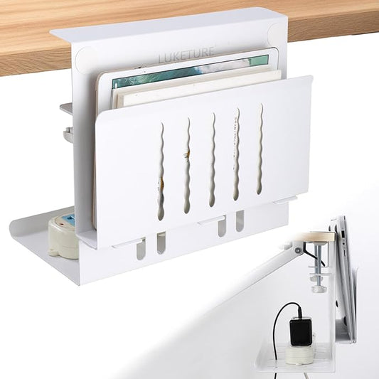 LUKETURE Desk Side Laptop Holder, Side Desk Laptop Holder with Cable Management Tray, 2 in 1 Steel Under Table Laptop Mount, Table Hanging Storage for Office and Home (White)