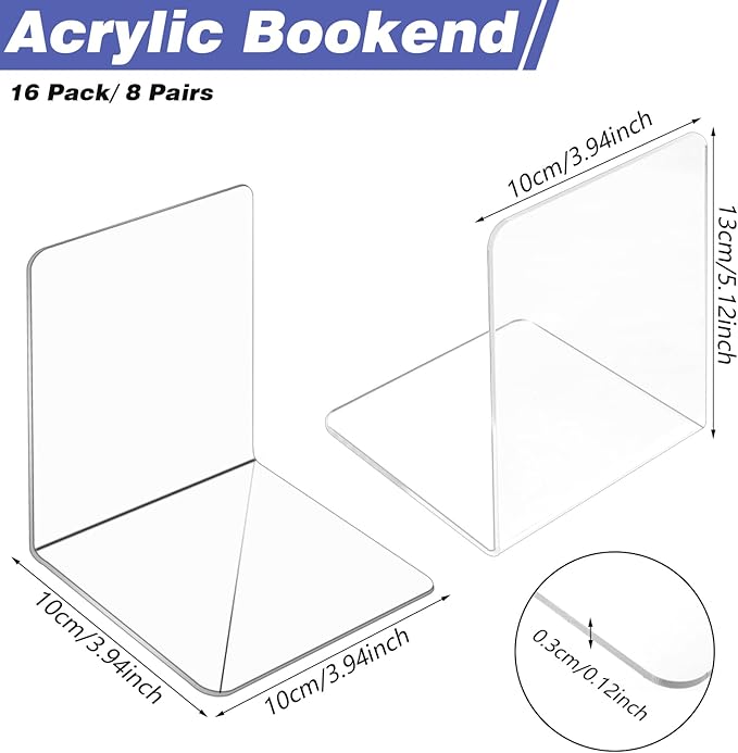 16 Pcs Bookends Clear Acrylic Bookends for Shelves Heavy Duty L Shaped Dividers Bookshelf Dividers for School Library Home Movies CDs File