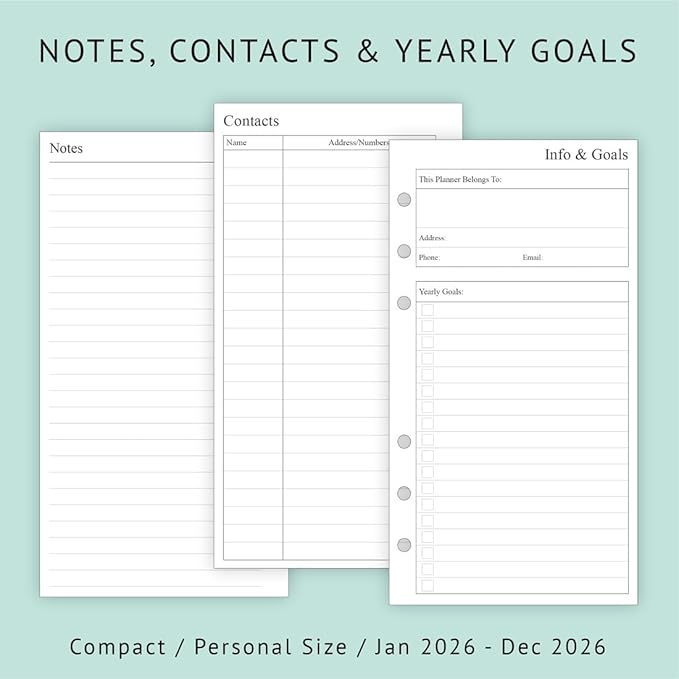 newestor 2026 Weekly & Monthly Planner Refill, 3-3/4" x 6-3/4", Jan 2026 - Dec 2026, Personal/Compact/Size 3