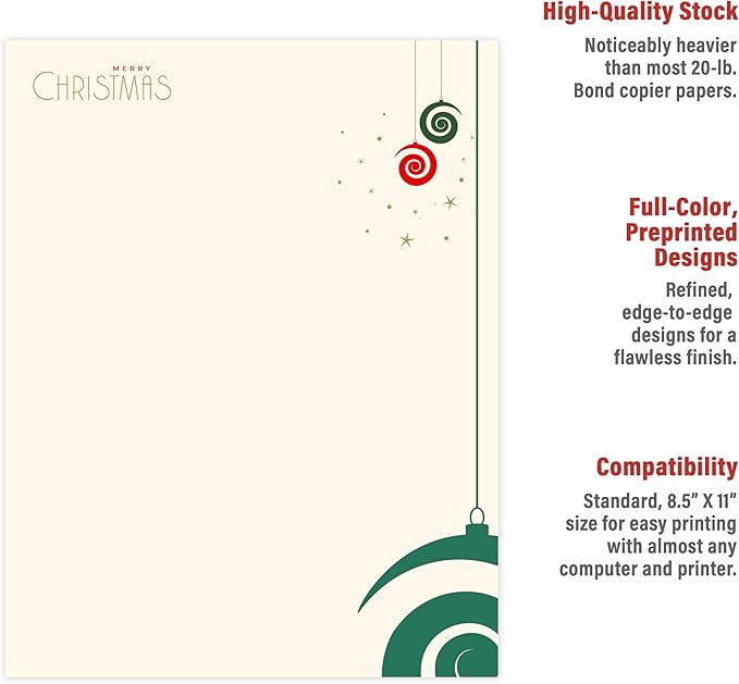 easykart labels Christmas Stationery Paper Letterhead Sheets 60 Pack Holiday Xmas Theme Design For Writing Letters Computer Office Notes & Printing Supplies Size 8.5" X 11"