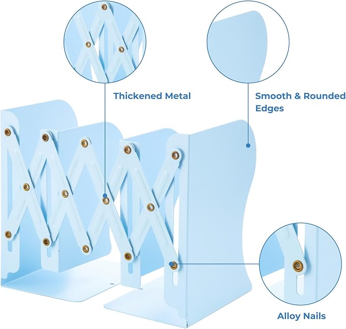 M&G Adjustable Bookends Book Ends for Shelves, Metal Bookend for Heavy Books, Desk Magazine File Organizer Holder Extends up to 20in, Book Stopper for Home, Office, Classroom (Blue)