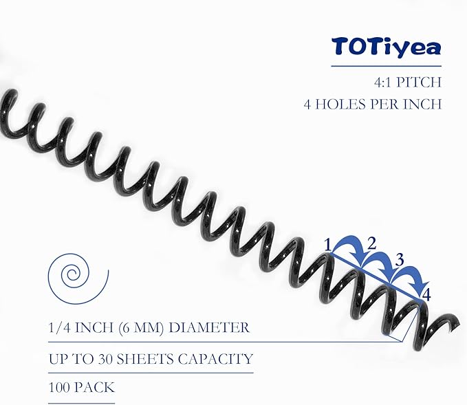 TOTiyea 100 Pack Plastic Spiral Binding Coils,6mm(1/4") Binding Spirals,30 Sheet Capacity,4:1 Pitch,Black