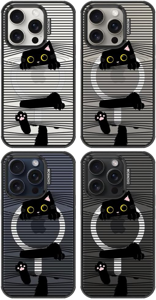 MOSNOVO Magnetic Case for iPhone 15 Pro, 10ft Military-Grade Protection, Compatible with Magsafe, Shockproof Phone Case for iPhone 15 Pro - Hidden Black Cat - Clear Black