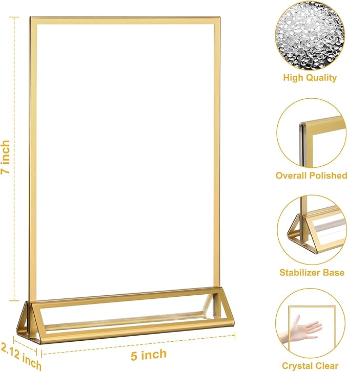EHWINE 12 Pack Acrylic Sign Holder 5 x 7, Double Sided Gold Picture Frame Stand up Table Top Sign Holders, Clear Display Stand Menu Flyer Holder for Wedding Party (Provide Non-slip Mats)