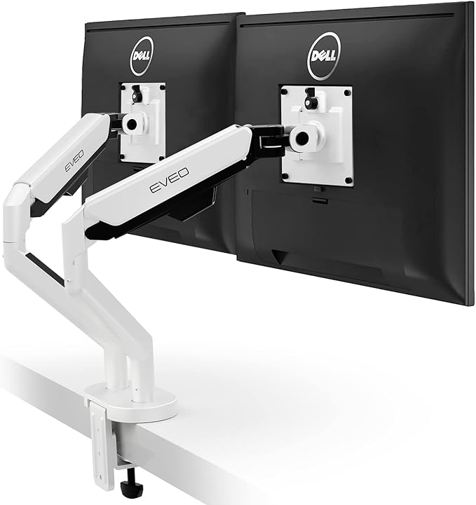 EVEO Premium Dual Monitor Mount 14"-35” Dual Monitor Arm VESA Bracket Adjustable Height Gas Spring Dual Monitor Stand, Screen Full Motion Dual Monitor Arm-Computer Monitor Stand for 2 Screens - White