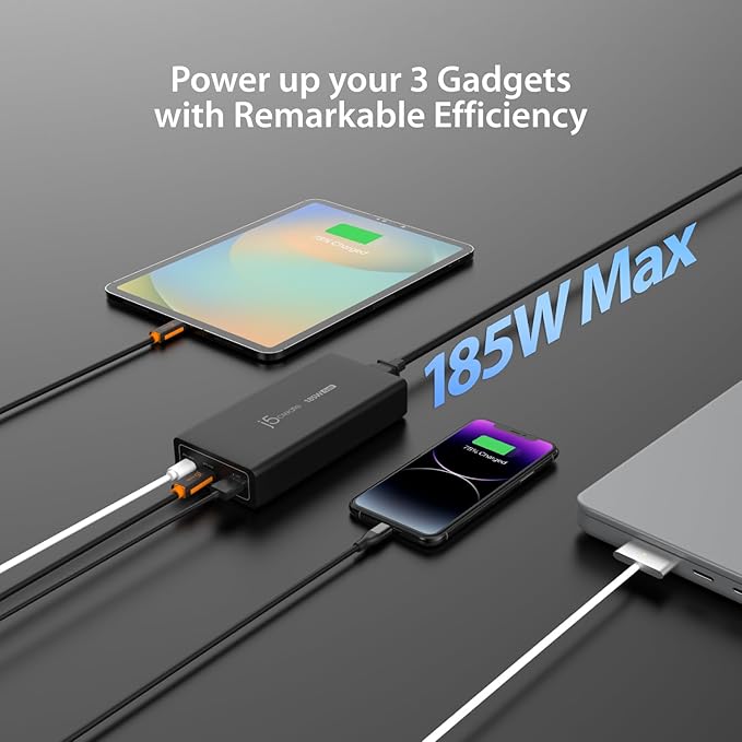 j5create 185W GaN USB-C/A 3-Port Laptop Super Charger w/Power Delivery 3.1, Supports MacBook Pro MagSafe 140W Charging-Simultaneously Power and Charge Laptops/Tablets/Phones/Game Consoles (JUP37185)