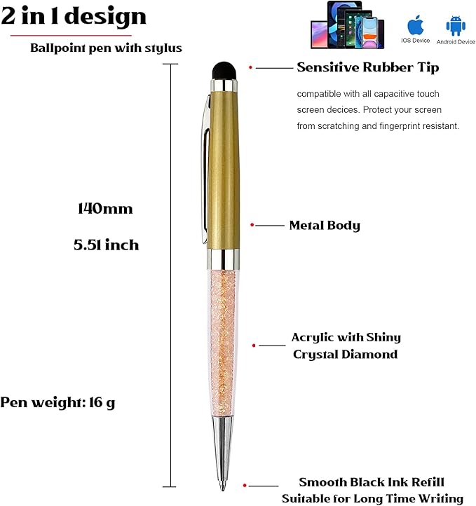 Ancolo Personalized ball Pens with Crystal Stylus Tip - Smooth Writing Set - Engraved with Your Name/Slogan/Address - Gift for Teacher/Manager/Lawyer/Professor 10 PCS/Box (Gold)