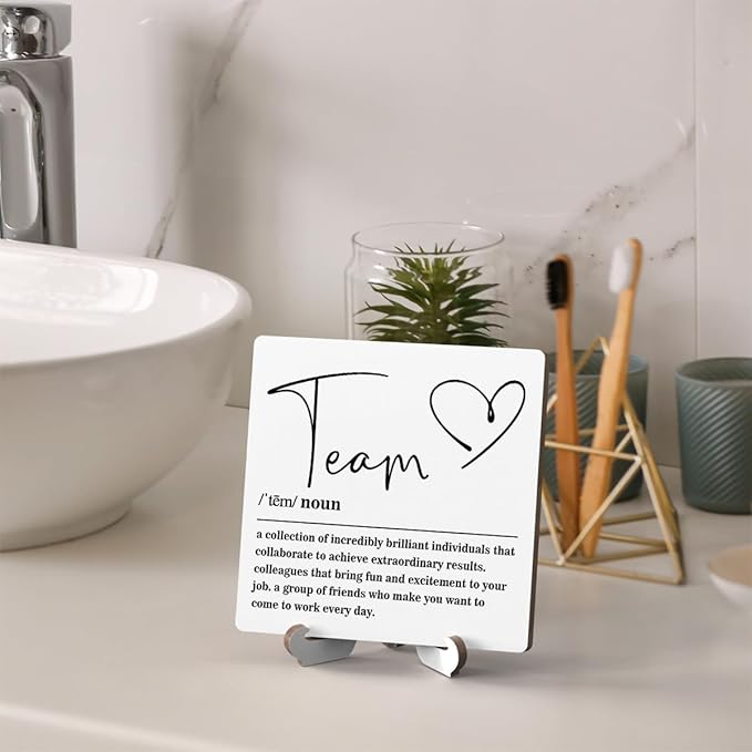 Wooden Table Sign Gift Team Definition Desk Decor Wood Plaque With Stand Team Gift for Boss Employees Women Best Mom Coworker Office(White)-A16