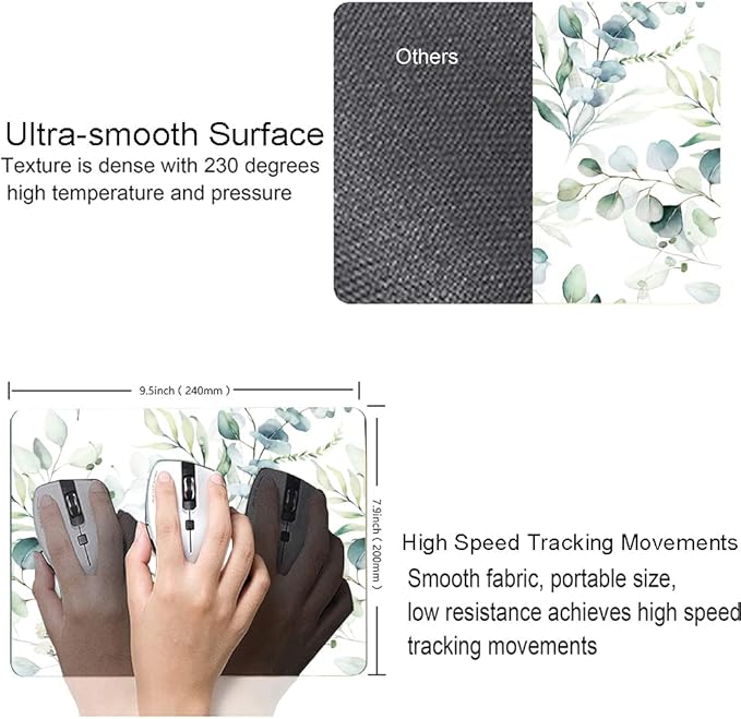 Hokafenle Mouse Pad, Green Leaves Mouse Pad with Design, Premium-Textured Mousepad Square Waterproof Mouse Mat Non-Slip Rubber Base Mouse Pads for Office Laptop, Plant