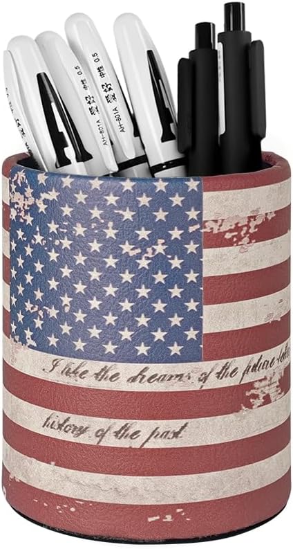 Pen Pencil Holder Cup Container PU Leather Desk Organizer Stand Decor Brush Scissor Holder Decoration Office Desk Home School (3.3" x 3.3" x 4", US Flag)
