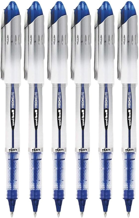 Vision Elite Rollerball Pens, Bold Point (0.8mm), Blue Ink, 6 count, Bundle with Plastic Reusable Pouch