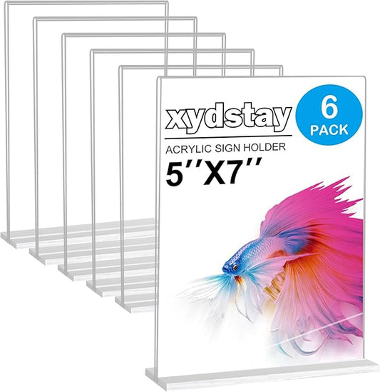 6pack Acrylic Sign Holder 5 X 7, Vertical T Shape Clear Plastic Sign Holder, Double-Sided Menu Holder, Unbreakable Table Sign Holder for Restaurant, Office, School, Store and Home Use