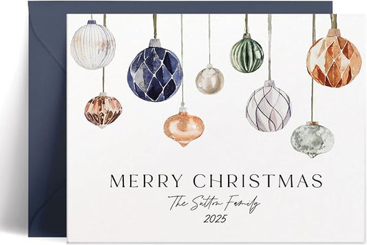 Personalized Stationery for Women & Men, A2 Notecards Family Christmas Cards Set, Watercolor Ornament Personalized Note Cards with Envelopes, Holiday Stationery Set - Baubles Flat