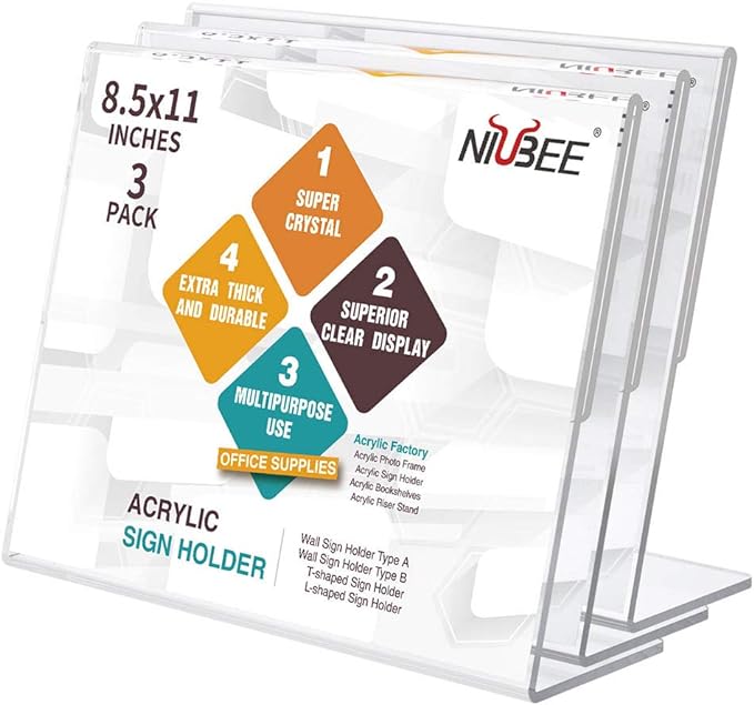 NIUBEE Acrylic Sign Holder 8.5x11 Inches 3 Pack Landscape, Slant Back Clear Paper Frames, Plastic Flyer Display Holder, Document Menu Table Stand for Office, Store, Restaurant -Horizontal