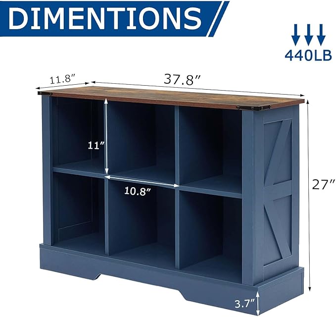 6 Cube Storage Organizer, 2 Tier Bookshelf for Living Room, Farmhouse Bookcase with Led, Kids Toy Storage Cabinet, Wall Cubby Shelves for Home Decor, Wood Display Cabinet for Bedroom, Blue
