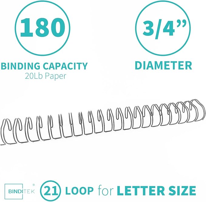 Binditek 50 Pack Double Loop Wire Binding Spines, 3/4Inch Binding Wire for Letter Size, 2:1 Pitch, 180 Sheet Capacity, 21-Loop, Black, for Students and Coworkers