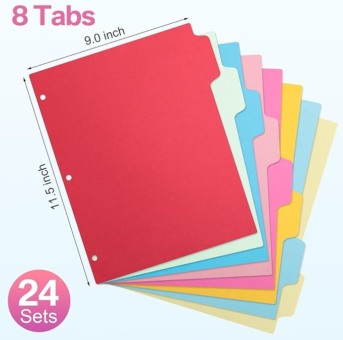 Thenshop 192 Pieces 24 Sets Binder Dividers with Tabs Bulk 8.5 x 11 Inch Write & Erase Big Paper 8 Tab Dividers for 3 Ring Binder(Colorful)
