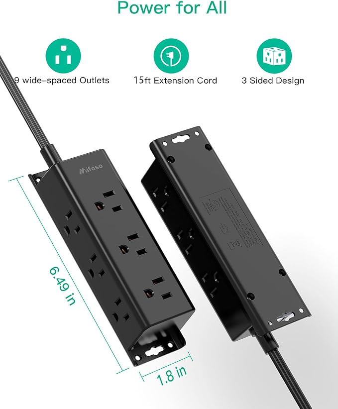 Surge Protector Power Strip - 9 Widely Spaced Multi Outlets, Wall Mount, 3 Side Outlet Extender with Extension Cord, Flat Plug, Overload Protection, Home Office Dorm Room Essentials (15FT, Black)