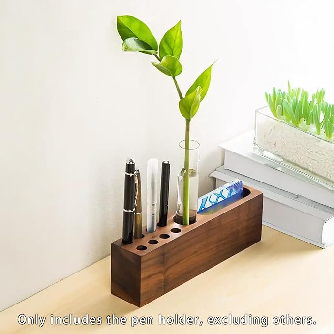 LiTY Pen Holder for Desk, Acacia Wooden Pencil Stand, Solid Wood Business Card Holder, Fountain Pen Organizer, Minimalist Aesthetic Office Stationery Desk Decor