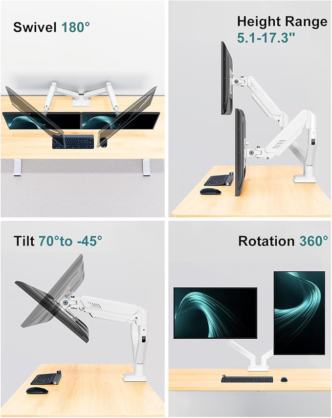 Dual Monitor Desk Mount - Adjustable Monitor Arm for 2 Monitors up to 32 inches/19.8 lbs, Double Monitor Stand VESA Bracket with C-Clamp & Grommet Mounting, Computer Screen Mount, White, Freelift