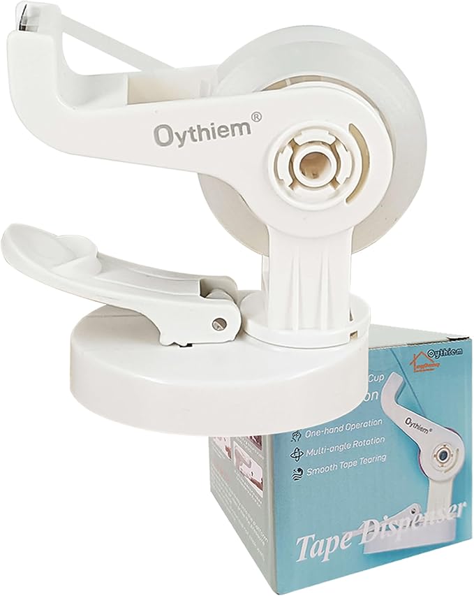 Mini White Tape Dispenser｜Non-Slip Suction Cup & 360° Rotating Arm for One-Handed Operation, Small Clear Suction Cup Tape Dispenser Desk for Packing, Office, Home, Fits 1" Core