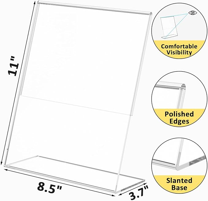 8 Pack Acrylic Sign Holder, Clear 8.5 x 11 Inch Slant Back Vertical Sign Holder, Tabletop Plastic Paper Picture Frame Flyer Document Display Stand for Home, Office, Restaurants, and Stores
