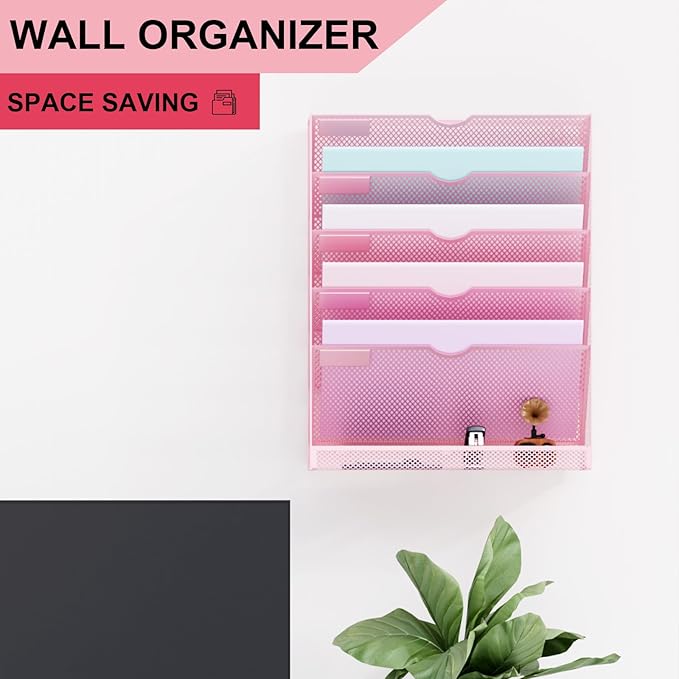 Hanging Wall File Organizer 6 Tier Wall Mounted Mail Paper Folder Holder Document Organization Stand, Vertical Desk Magazine Rack for Office Home Cubicle Countertop, Pink